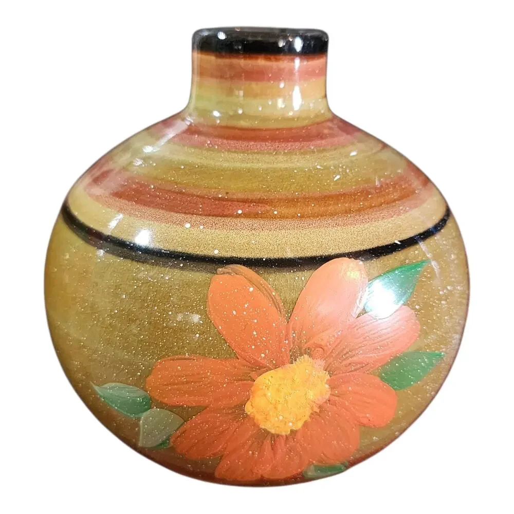 Small Ceramic Vase Set of 3 with Hand painted Floral Designs and Glazed Finish